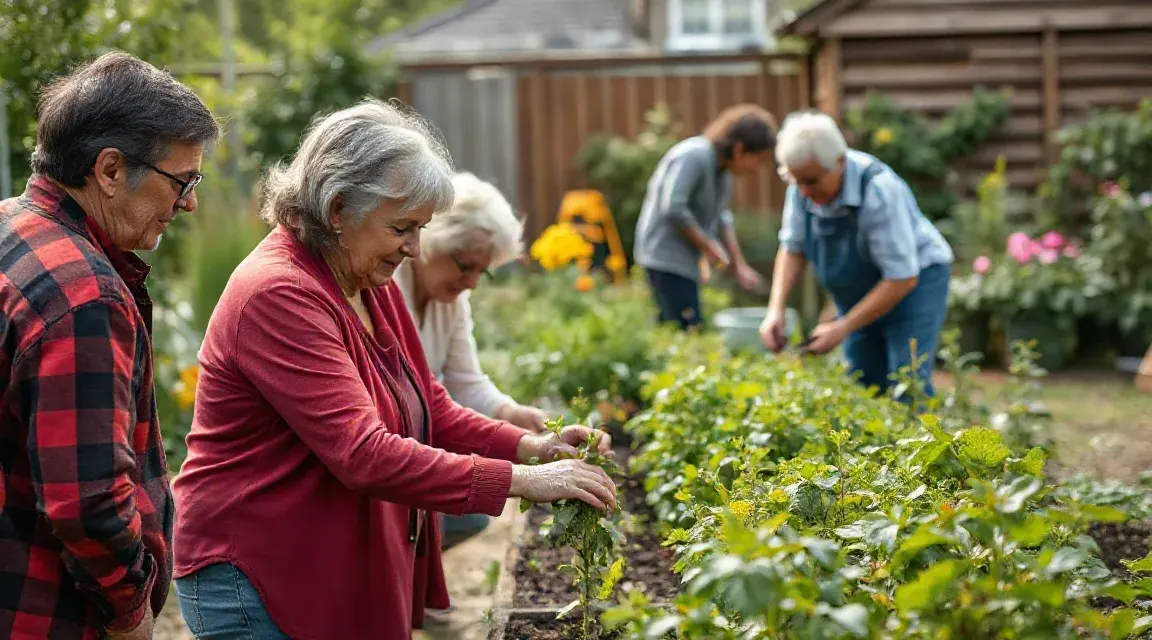 Older adults tending vegetable beds together in a garden