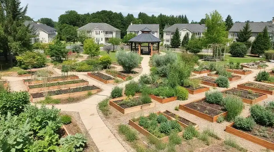 Aerial-style view of raised vegetable beds, paths and houses around a small gazebo