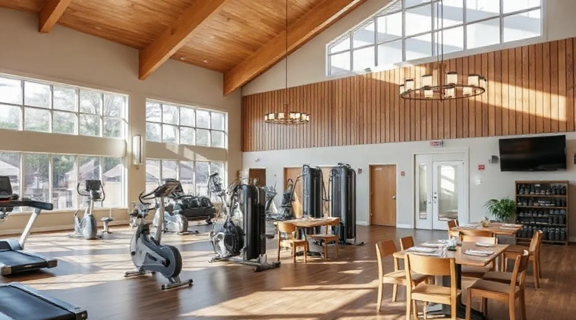 Light-filled hall with exercise machines on one side and wooden tables and chairs on the other